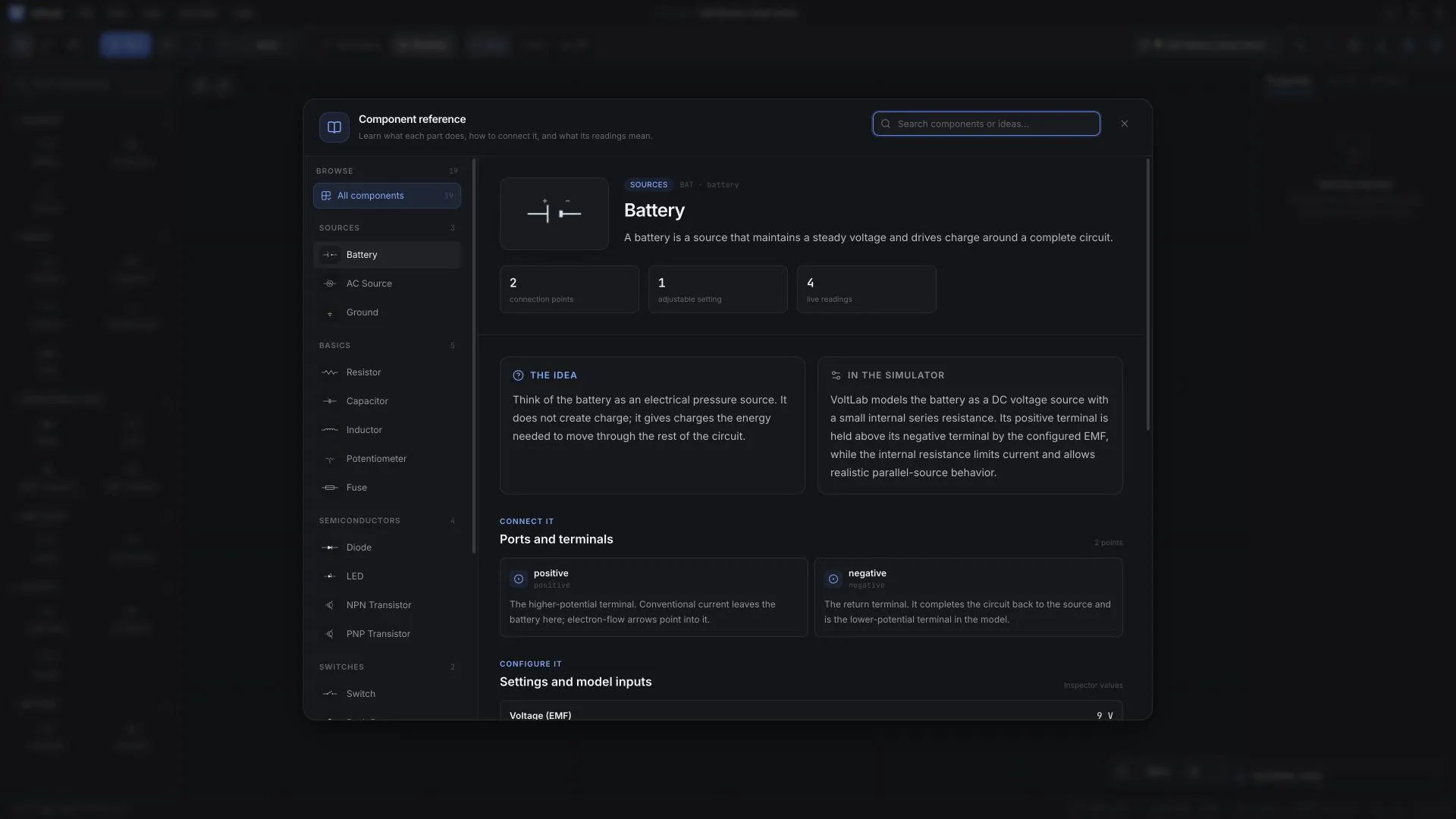VoltLab component reference open on the Battery entry
