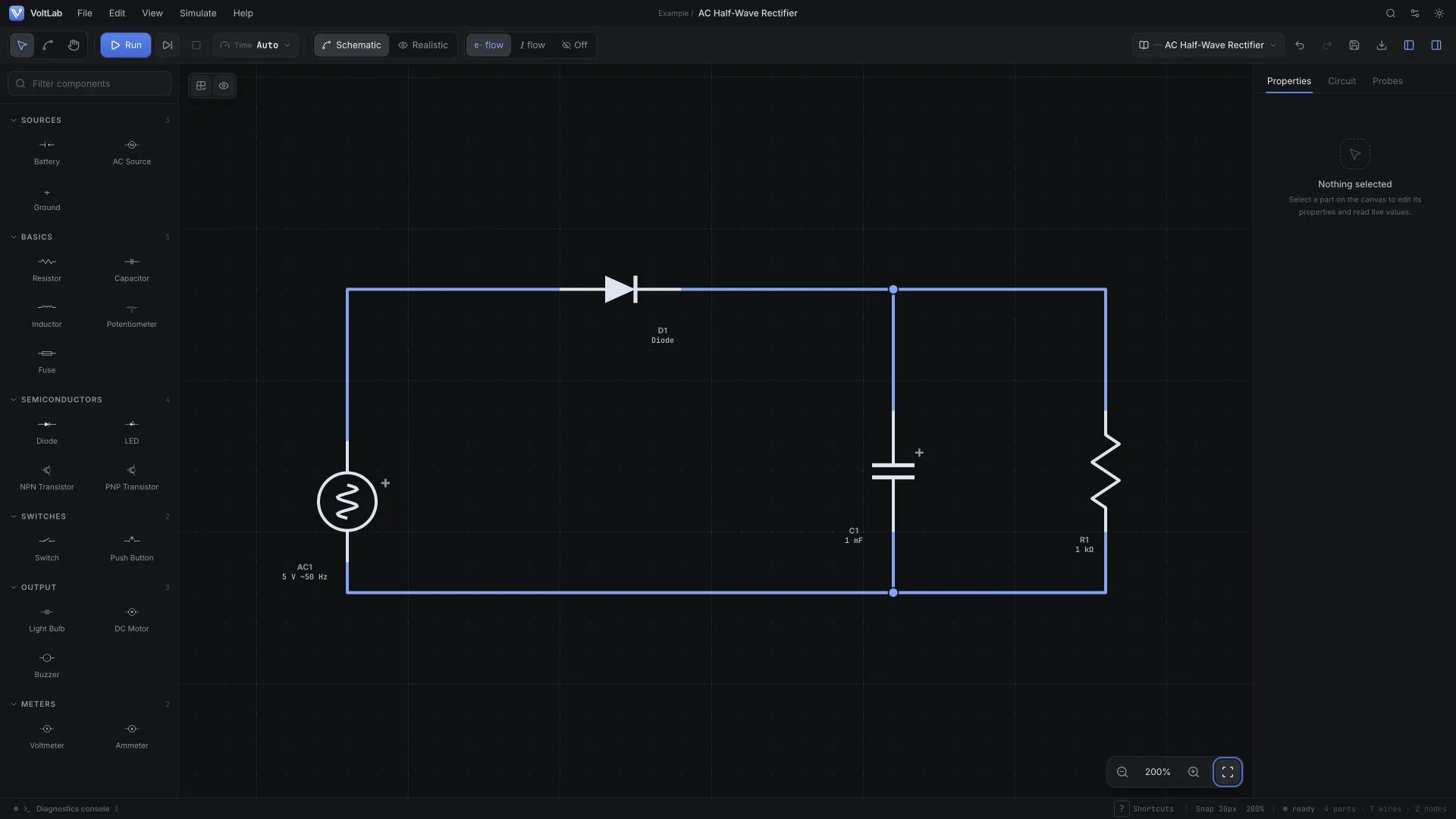 AC Half-Wave Rectifier in dark schematic view