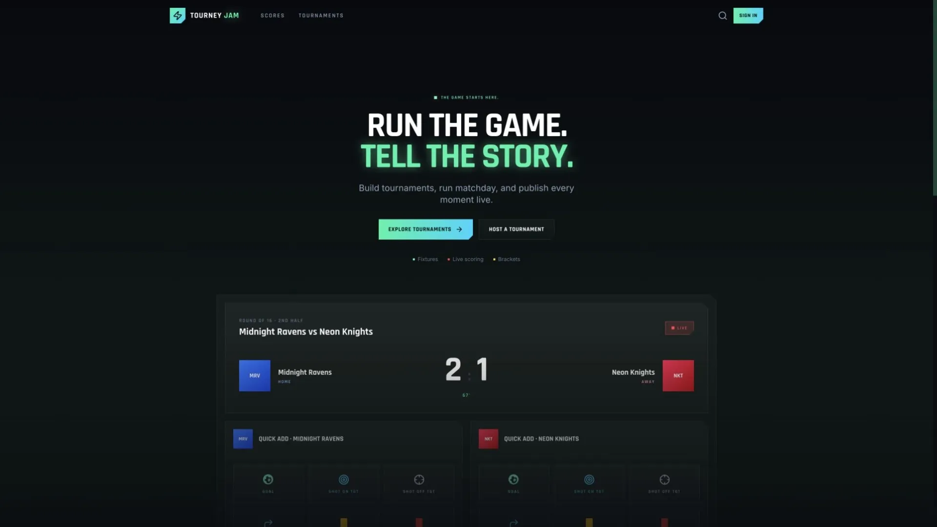 Tourney Jam landing page with a live scoreboard and quick event controls