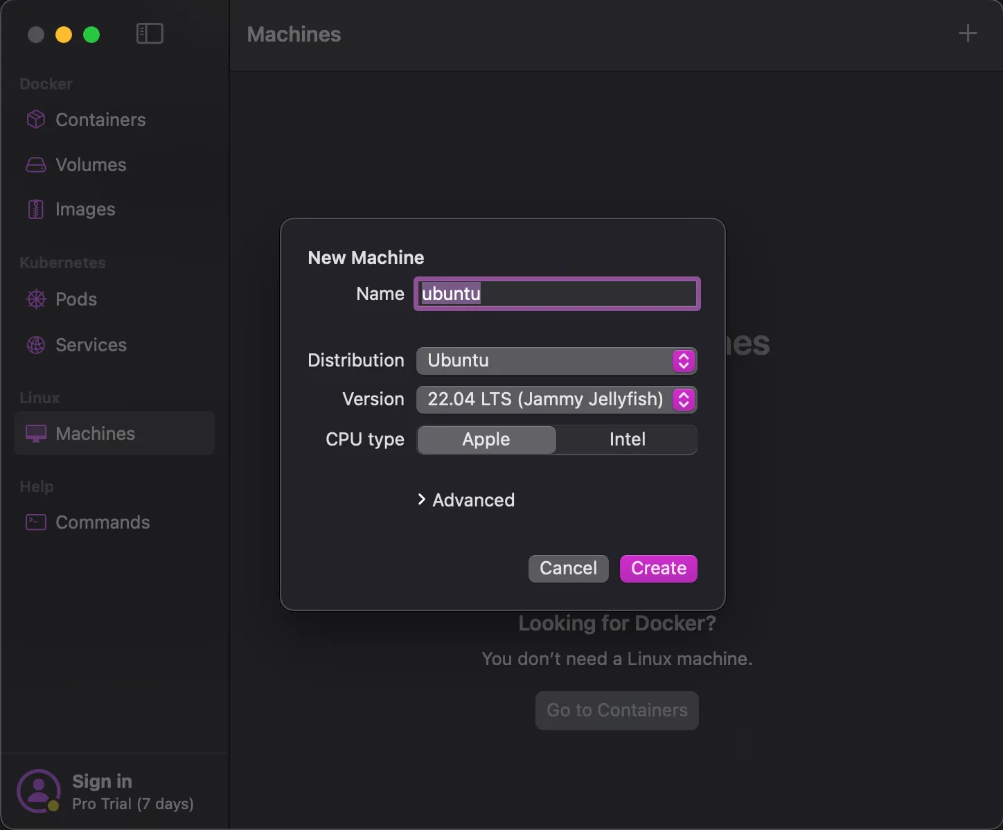 Creating a  new linux machine