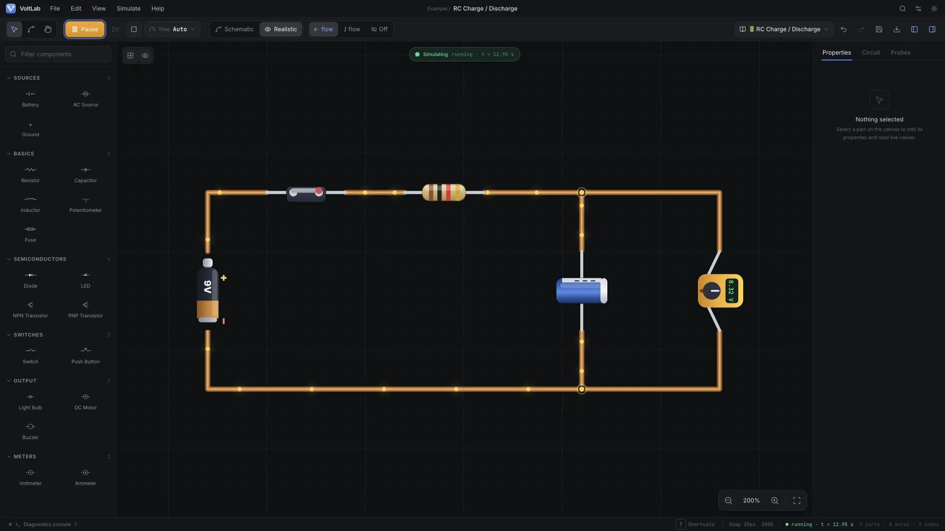 RC charge and discharge circuit running in dark realistic view