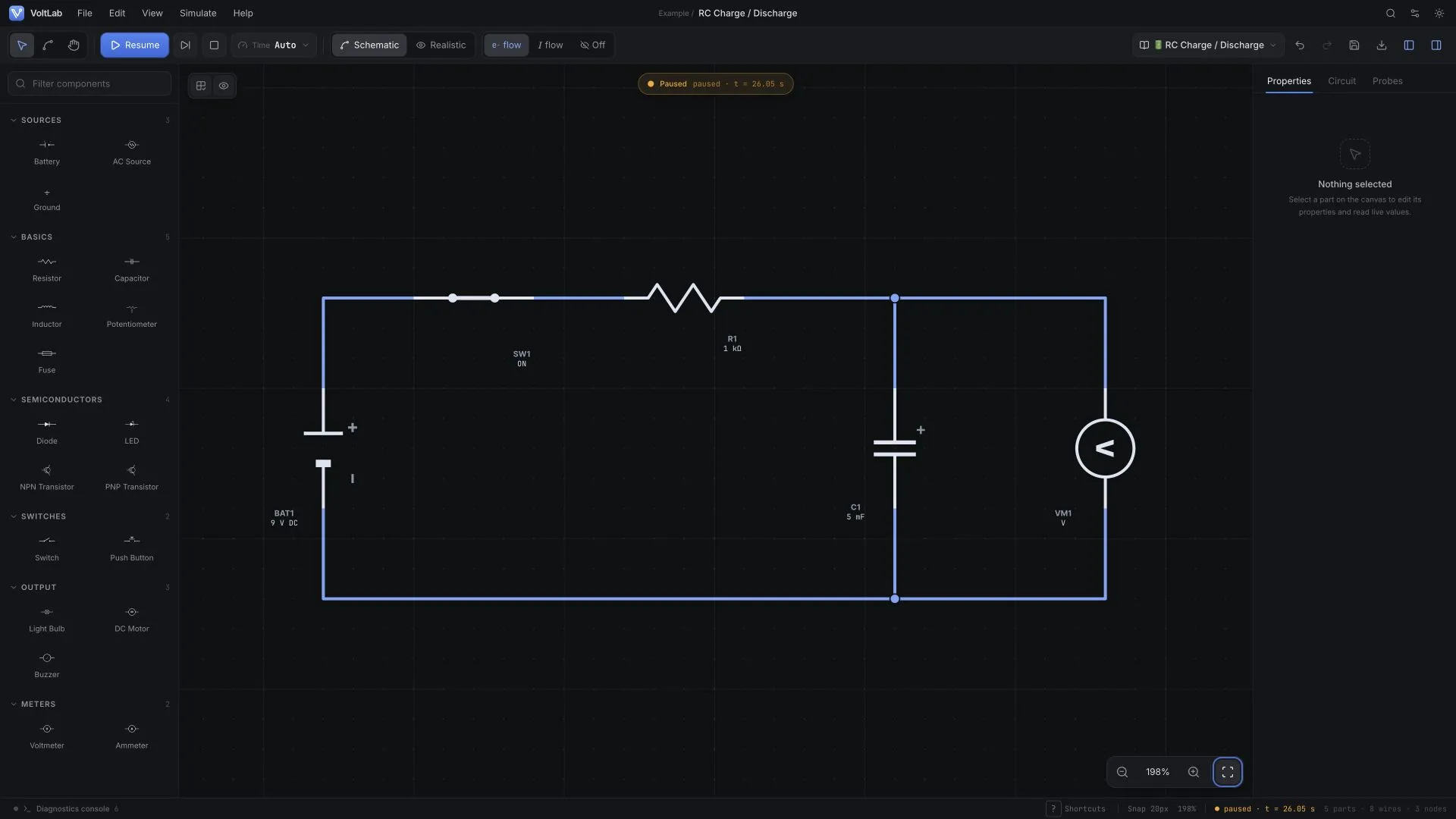 RC charge and discharge circuit in dark schematic view