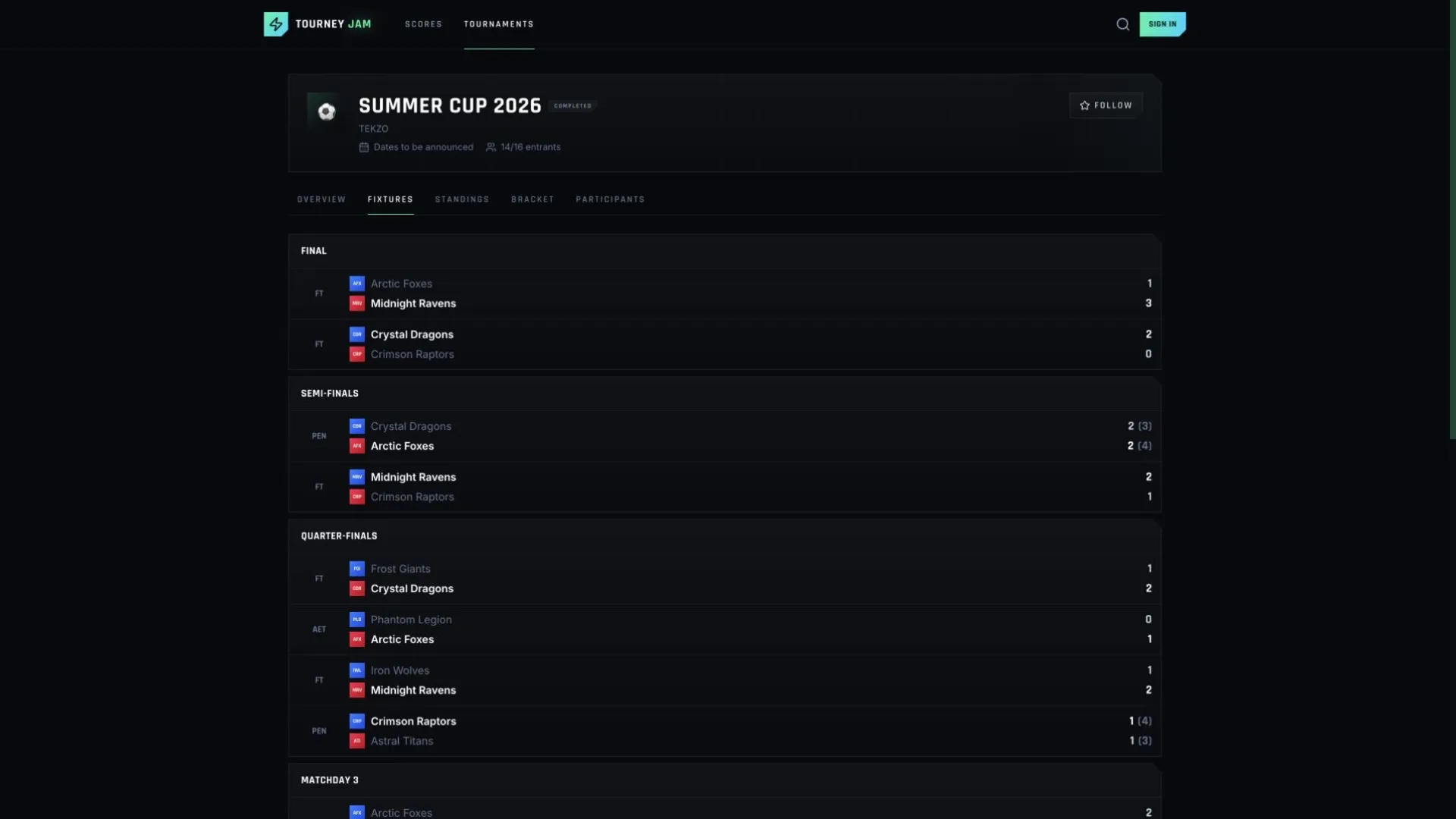 Summer Cup fixtures grouped by round