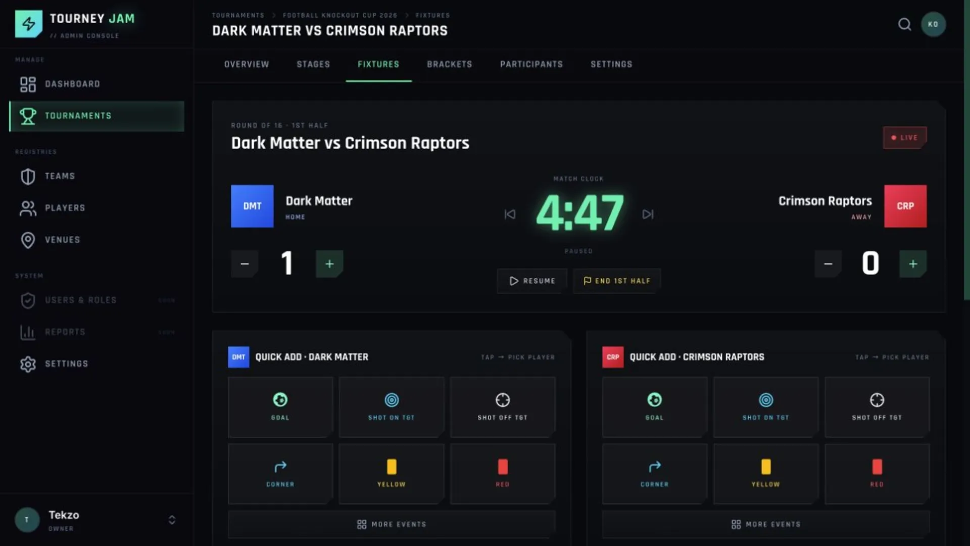 Tourney Jam live scoring workspace for Dark Matter vs Crimson Raptors