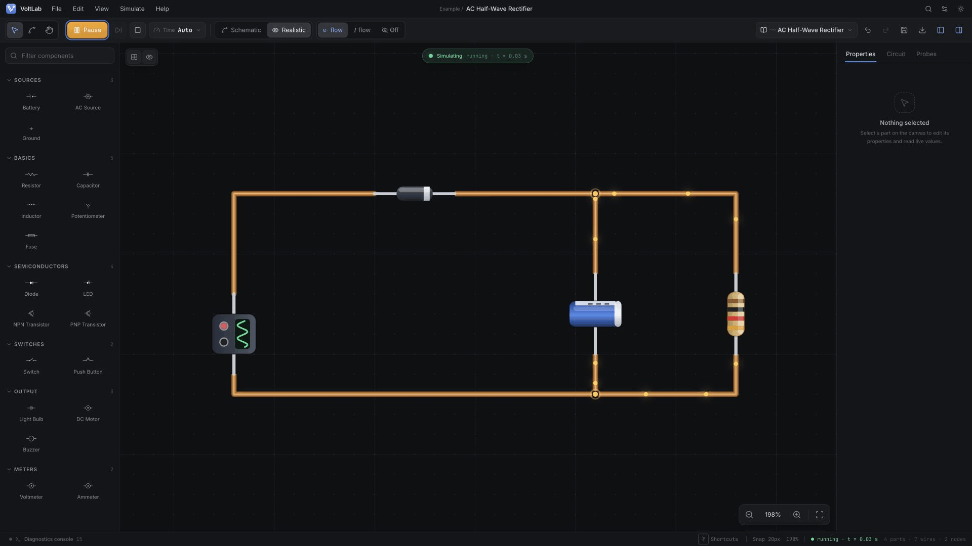 AC Half-Wave Rectifier running in realistic view